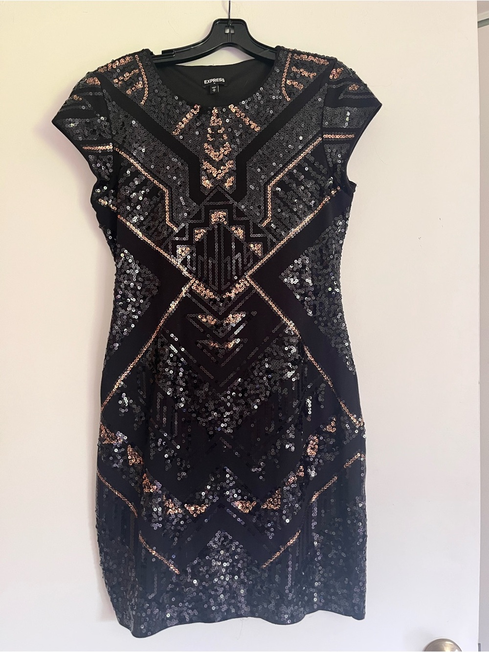 Express Black Sequin Midi Dress with Rose Gold Detailing
